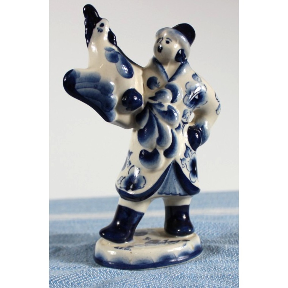Gzhel figurine Boy with Phoenix VTG Blue & White Porcelain 5.5 In Tall